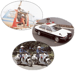 Helicopter, Patrol car, Motorcycle