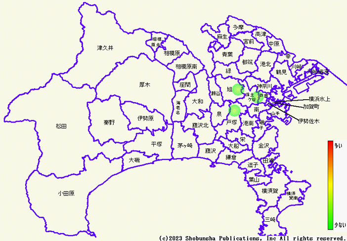 神奈川県内全域の色分けによる発生マップ、上記2番警察署別発生状況を発生マップにしたもの