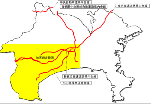 神奈川県西部地震、東海地震及び南海トラフ巨大地震（警戒宣言発令も含む）が発生した場合の交通規制計画図