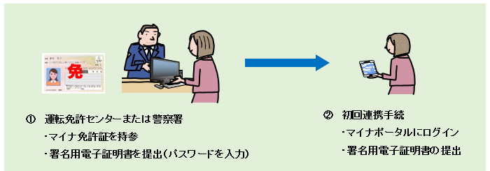 マイナポータルとマイナ免許証の連携必要手続の説明図