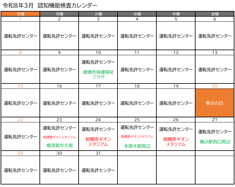 認知機能検査実施予定（令和8年3月）