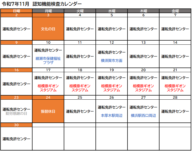 認知機能検査実施予定（令和7年11月）
