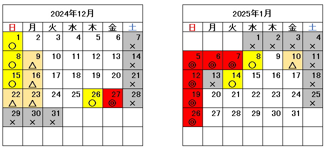 混雑予測カレンダー2024年12月・2025年1月