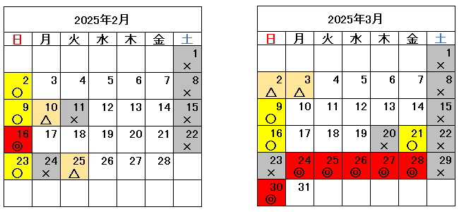 混雑予測カレンダー2025年2月・3月