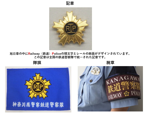 旭日章の中にRailway（鉄道）Policeの頭文字とレールの断面がデザインされています。
この記章は全国の鉄道警察隊で統一された記章です。