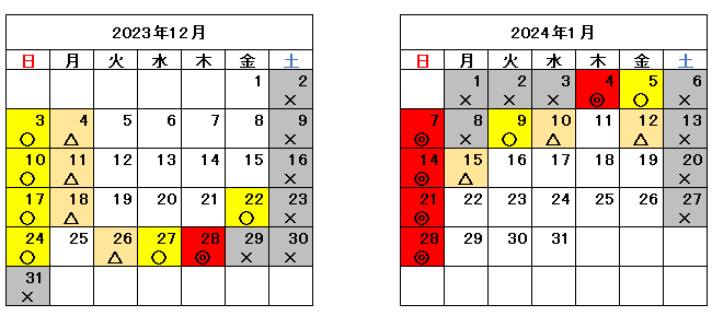 混雑予測カレンダー2023年12月〜2024年1月まで