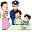 イラスト:店の人、警察官、万引きをした少年、泣く母親