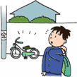 イラスト:放置された自転車を見る学生