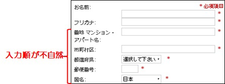 住所の入力欄が「番地・アパート名」、「市区町村」、「都道府県」、「郵便番号」といった不自然な順番になっている画像