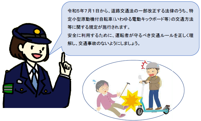 令和5年7月1日から、道路交通法の一部改正する法律のうち、特定小型原動機付自転車（いわゆる電動キックボード等）の交通方法等に関する規定が施行されます。安全に利用するために、運転者が守るべき交通ルールを正しく理解し、交通事故のないようにしましょう。