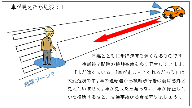 車が見えたら危険？！年齢とともに歩行速度も遅くなるものです。横断終了間際の接触事故も多く発生しています。「まだ遠くにいる」「車が止まってくれるだろう」は大変危険です。車の運転者から横断歩行者の姿は意外と見えていません。車が見えたら渡らない、車が停止してから横断するなど、交通事故から身を守りましょう！」